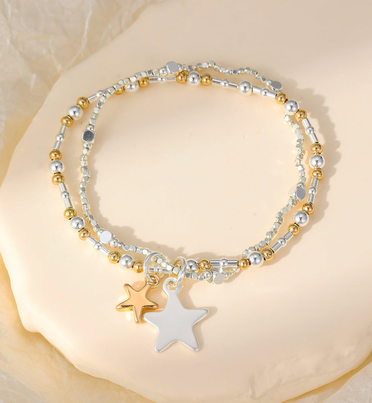 Gold & Silver Plated Double Strand Beaded Bracelet with Dual Star Charms