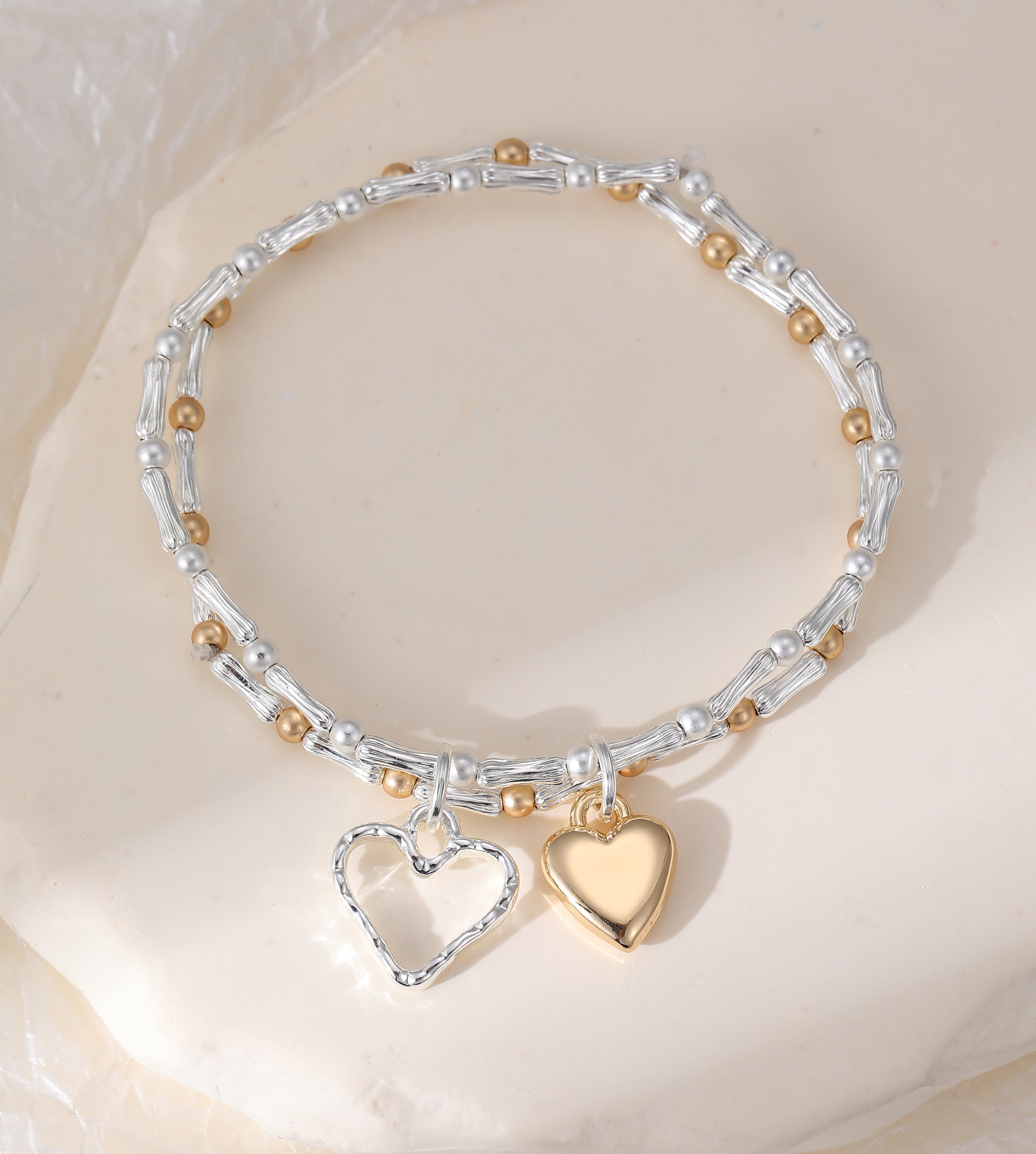 Gold & Silver Plated Bamboo-Style Bead Bracelet with Dual Heart Pendants