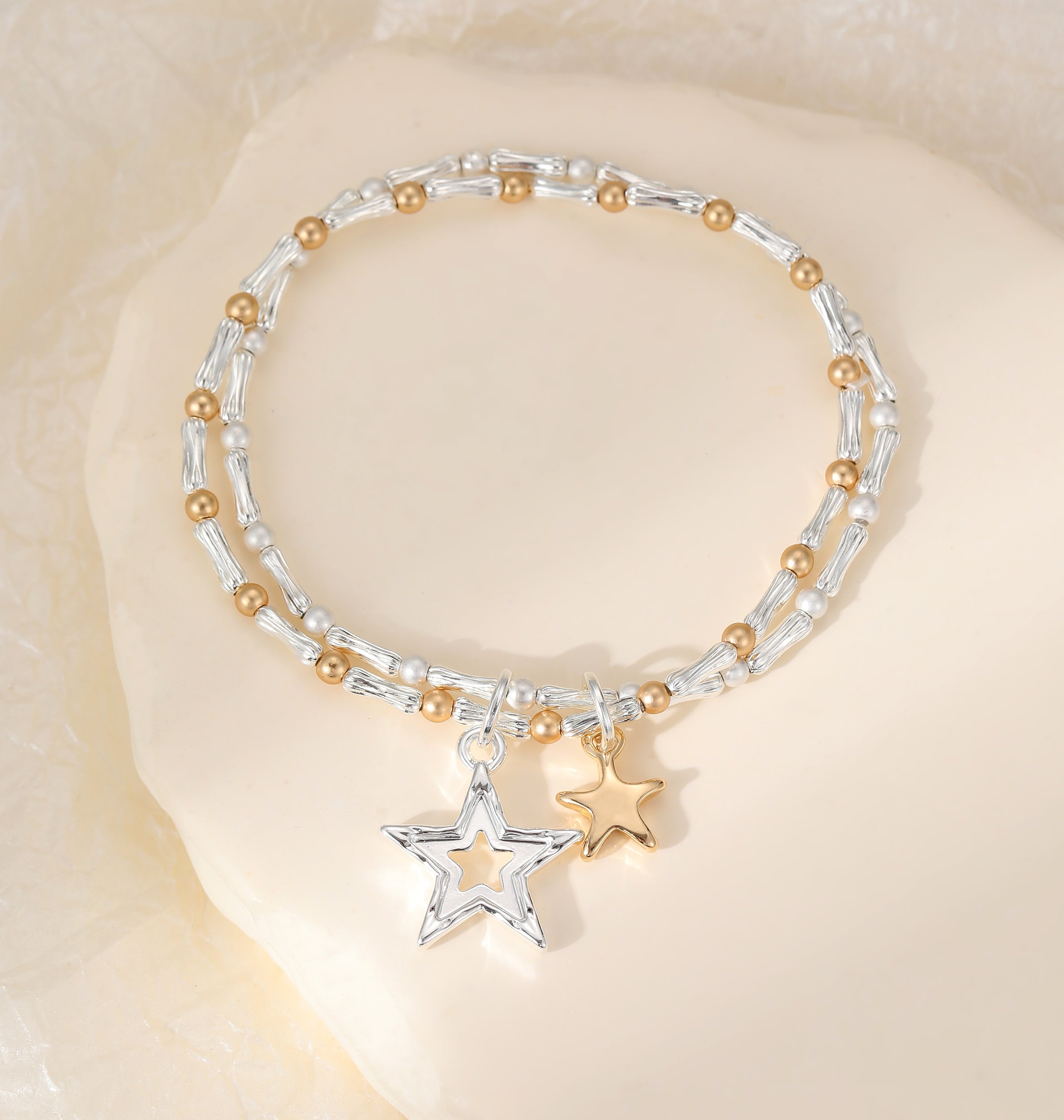 Gold & Silver Plated Tubular Beaded Stretch Bracelet with Twin Star Charms
