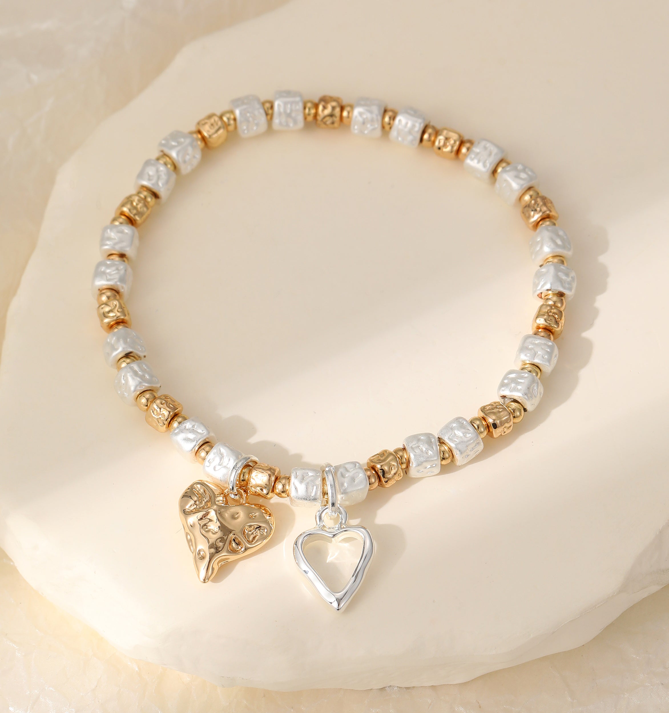 Gold & Silver Plated Sculpted Cube Bead Charm Bracelet with Dual Hearts
