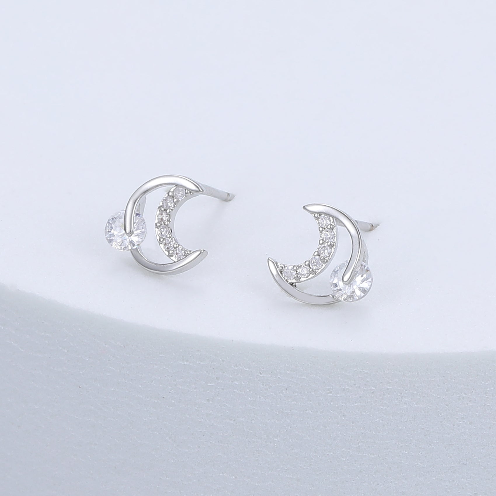 Silver Plated Crescent Moon Stud Earrings with Crystal Accents
