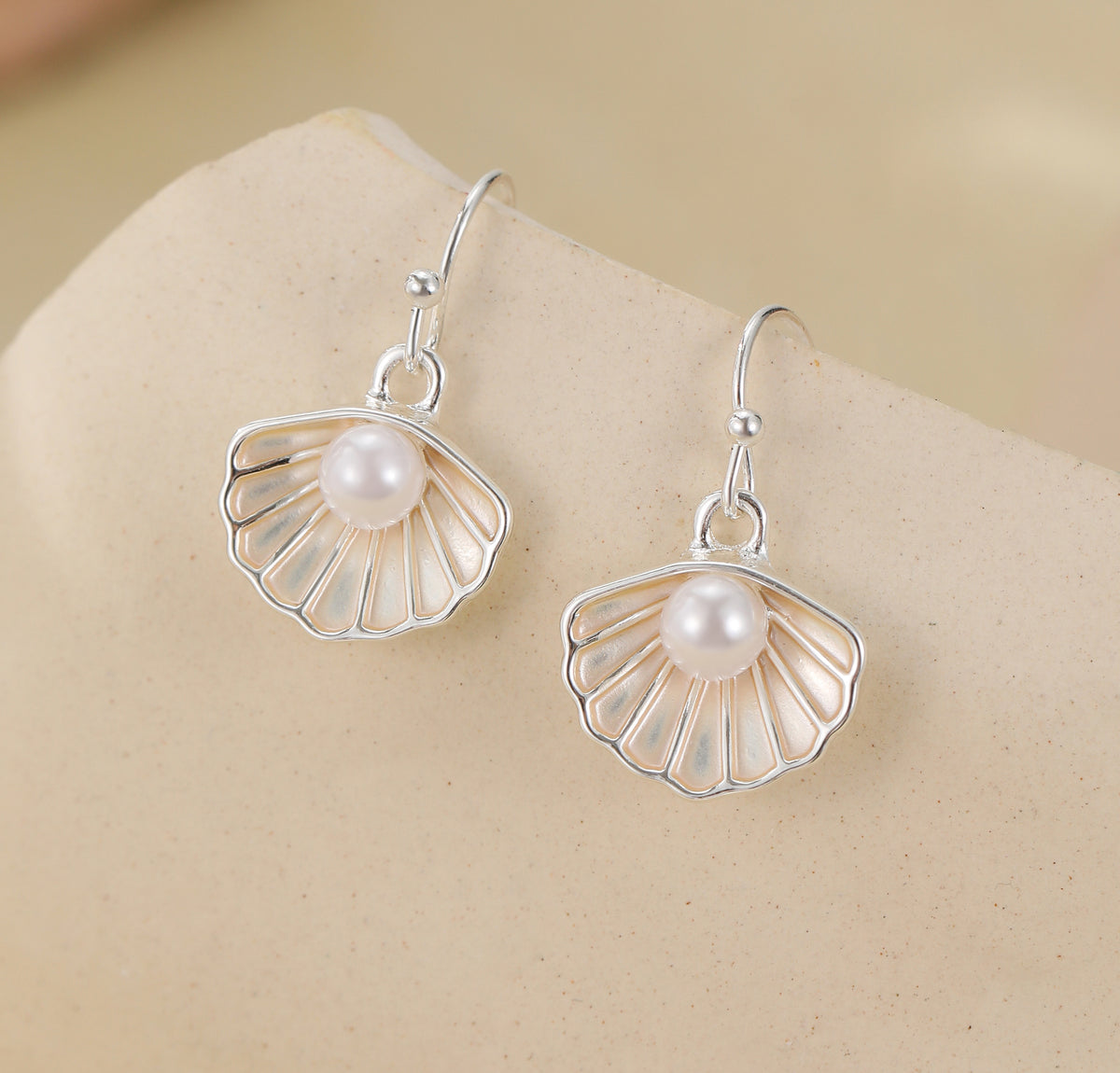 Silver Plated White Oyster and Pearl Hook Earrings