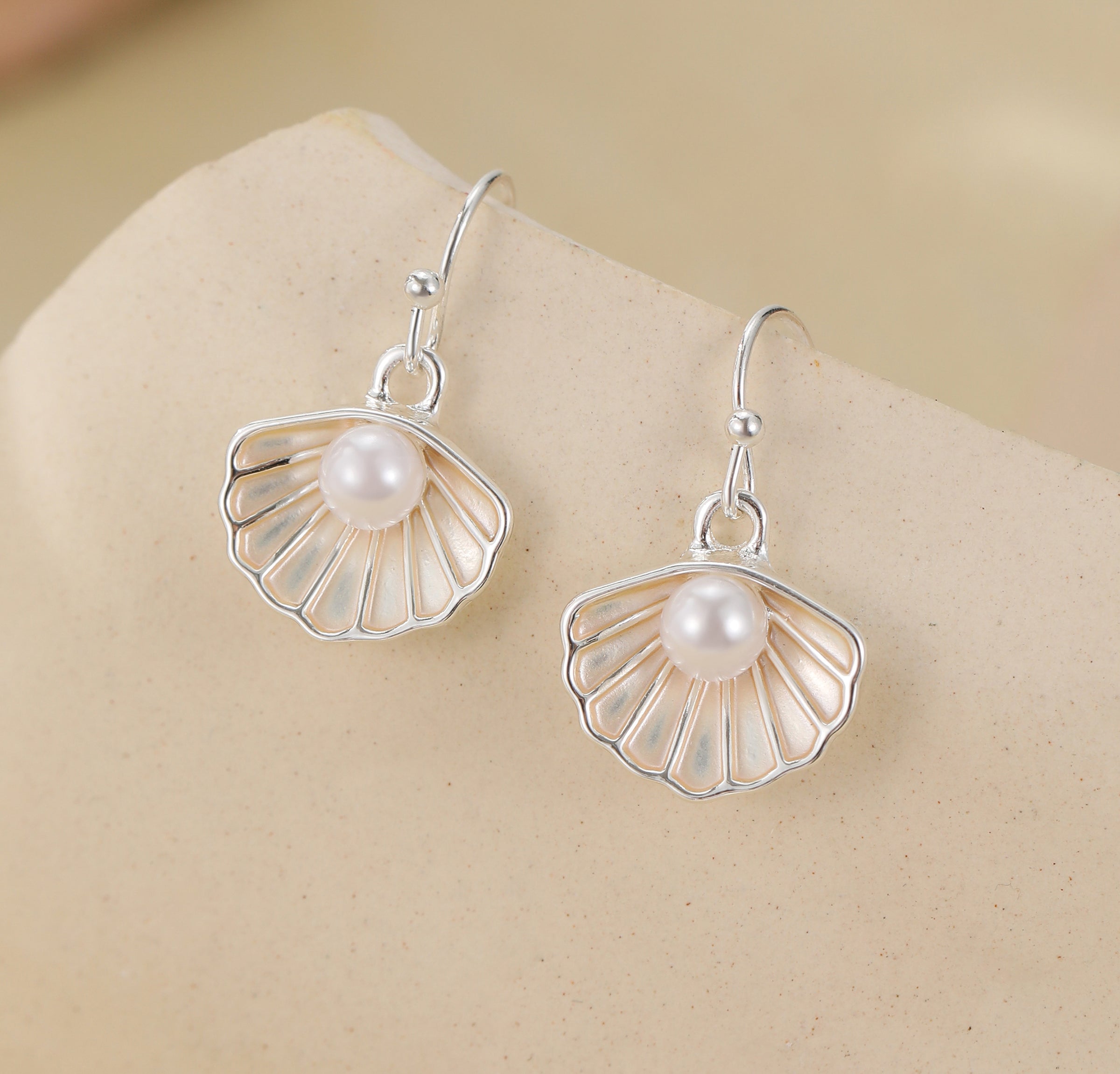 Silver Plated White Oyster and Pearl Hook Earrings
