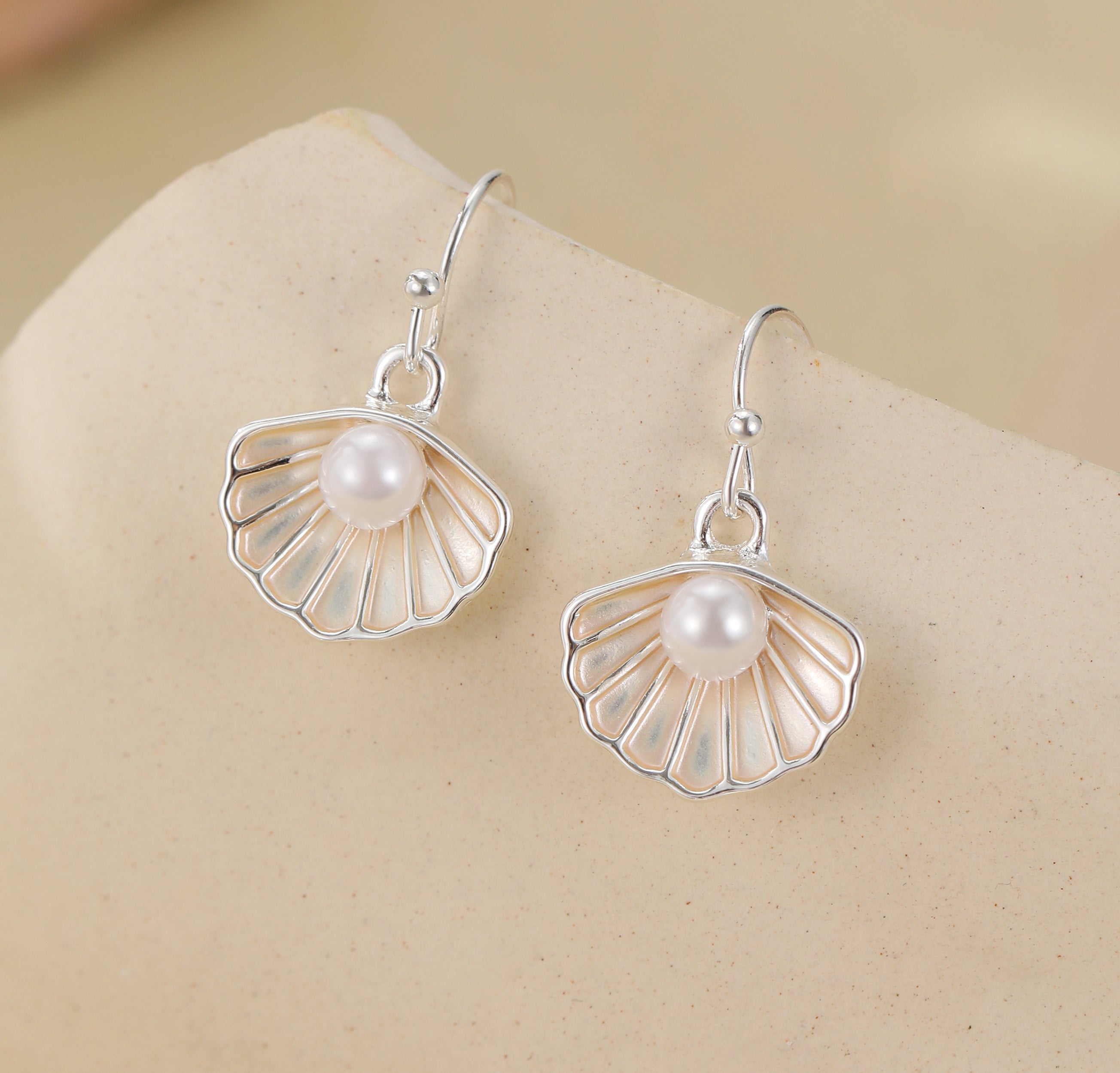 Silver Plated White Oyster and Pearl Hook Earrings