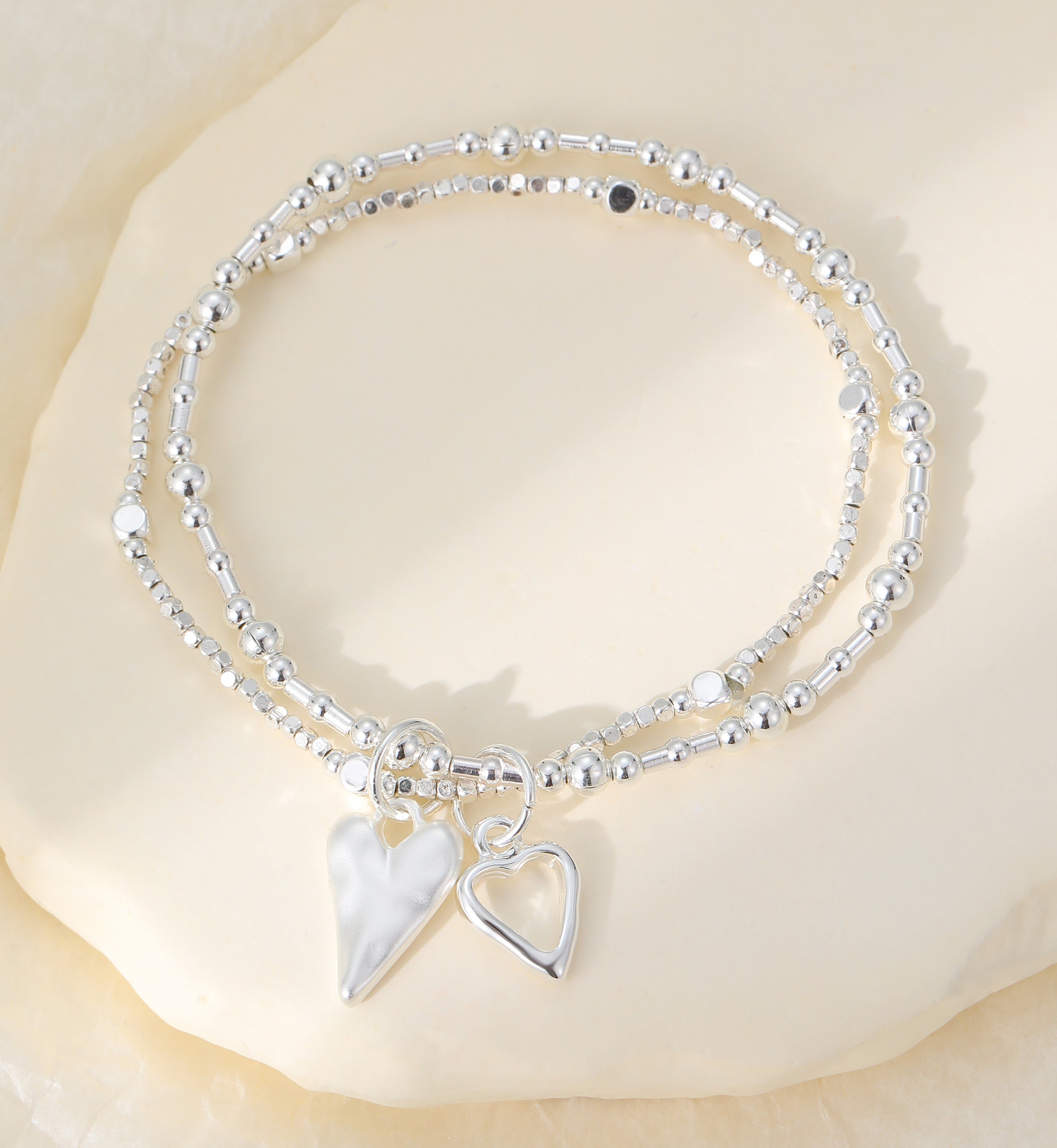 Silver Plated Beaded Bracelet with Dual Heart Charms