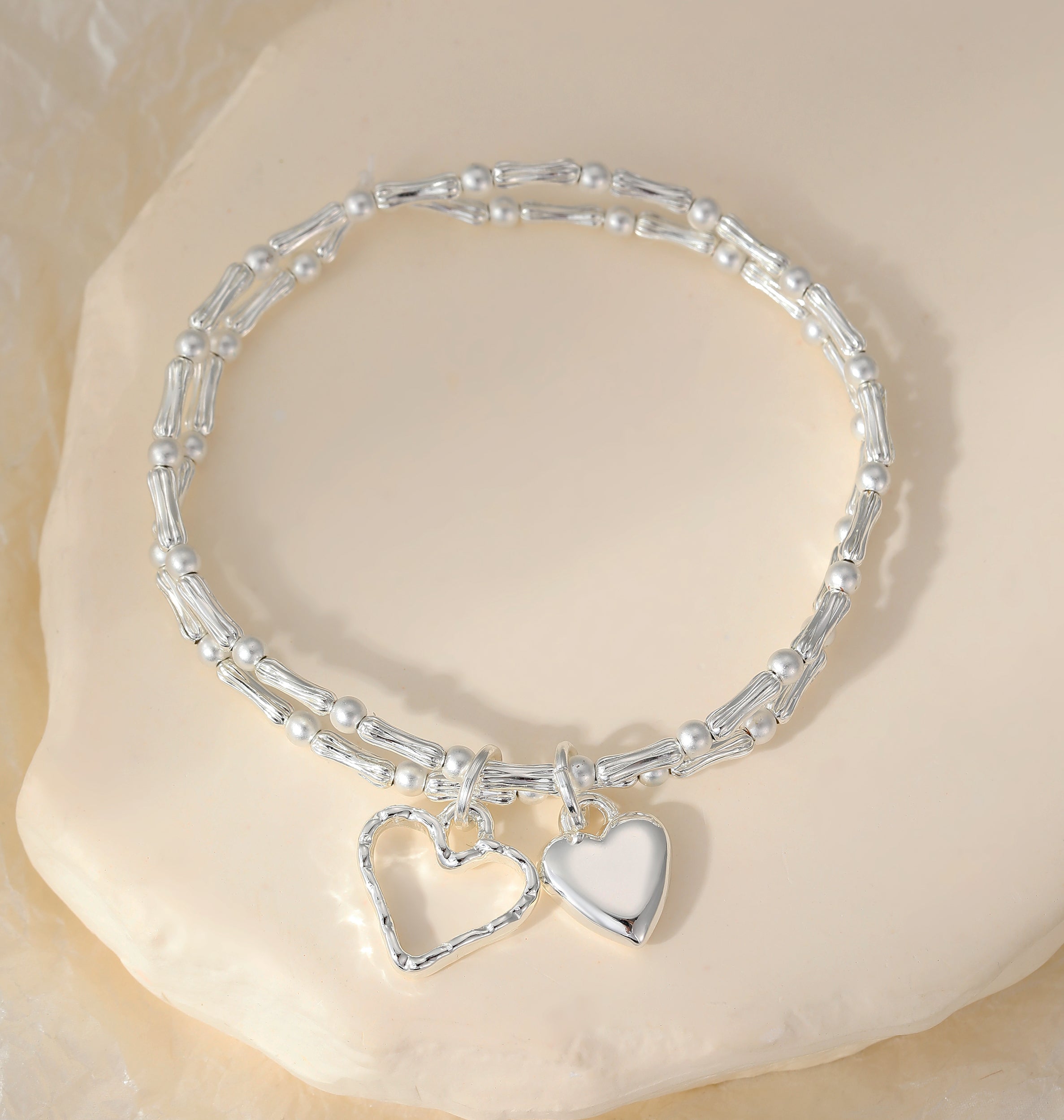 Silver Plated Bamboo-Style Bead Bracelet with Dual Heart Pendants