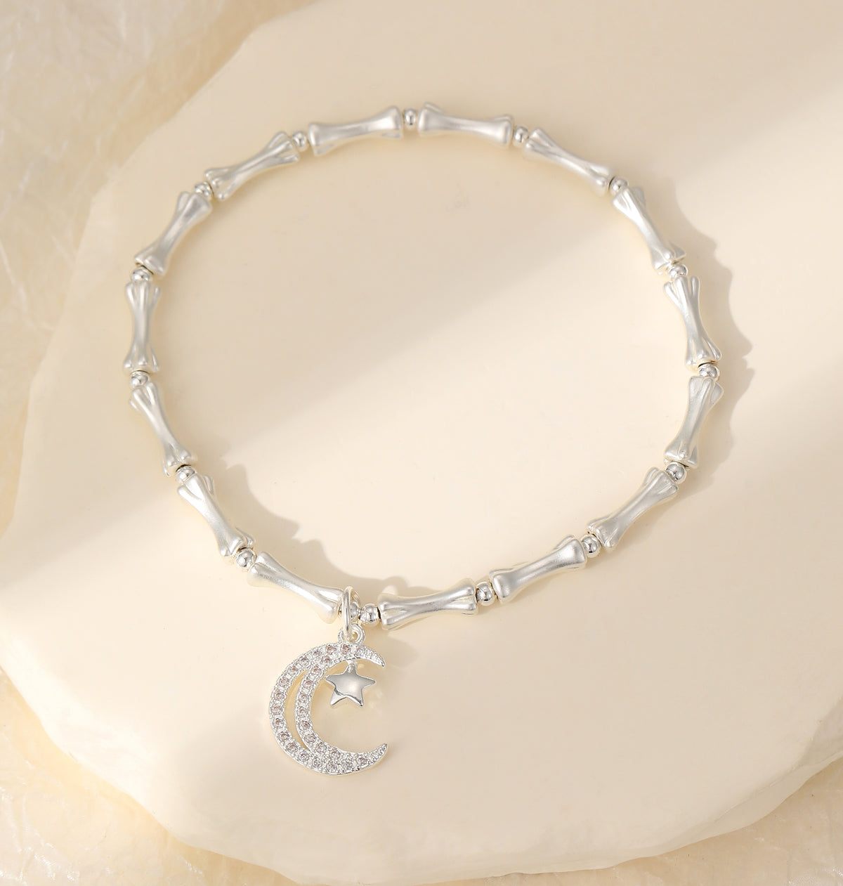 Silver Plated Bamboo-Style Bead Bracelet with Moon Charm