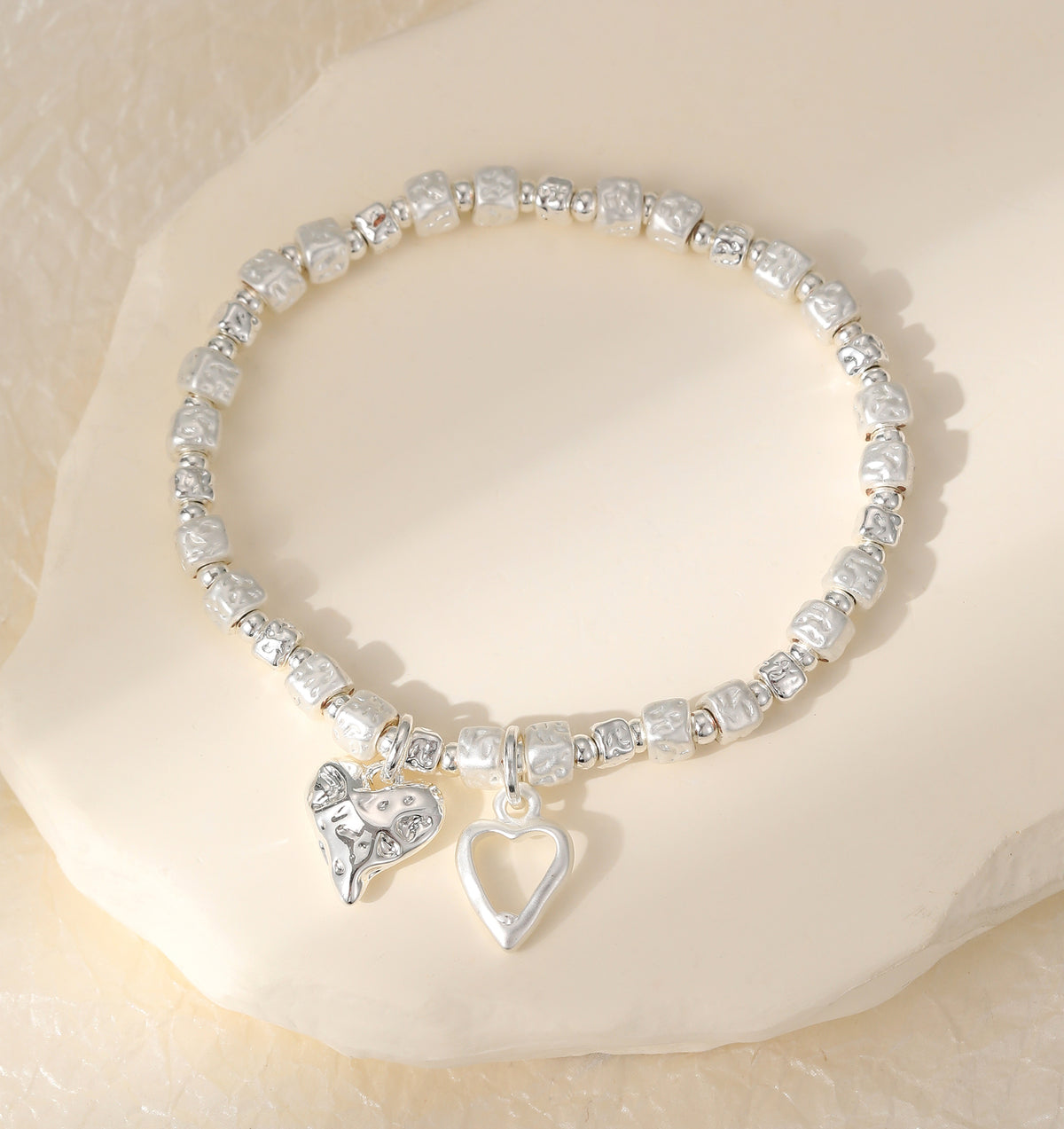 Silver Plated Sculpted Cube Bead Charm Bracelet with Dual Hearts