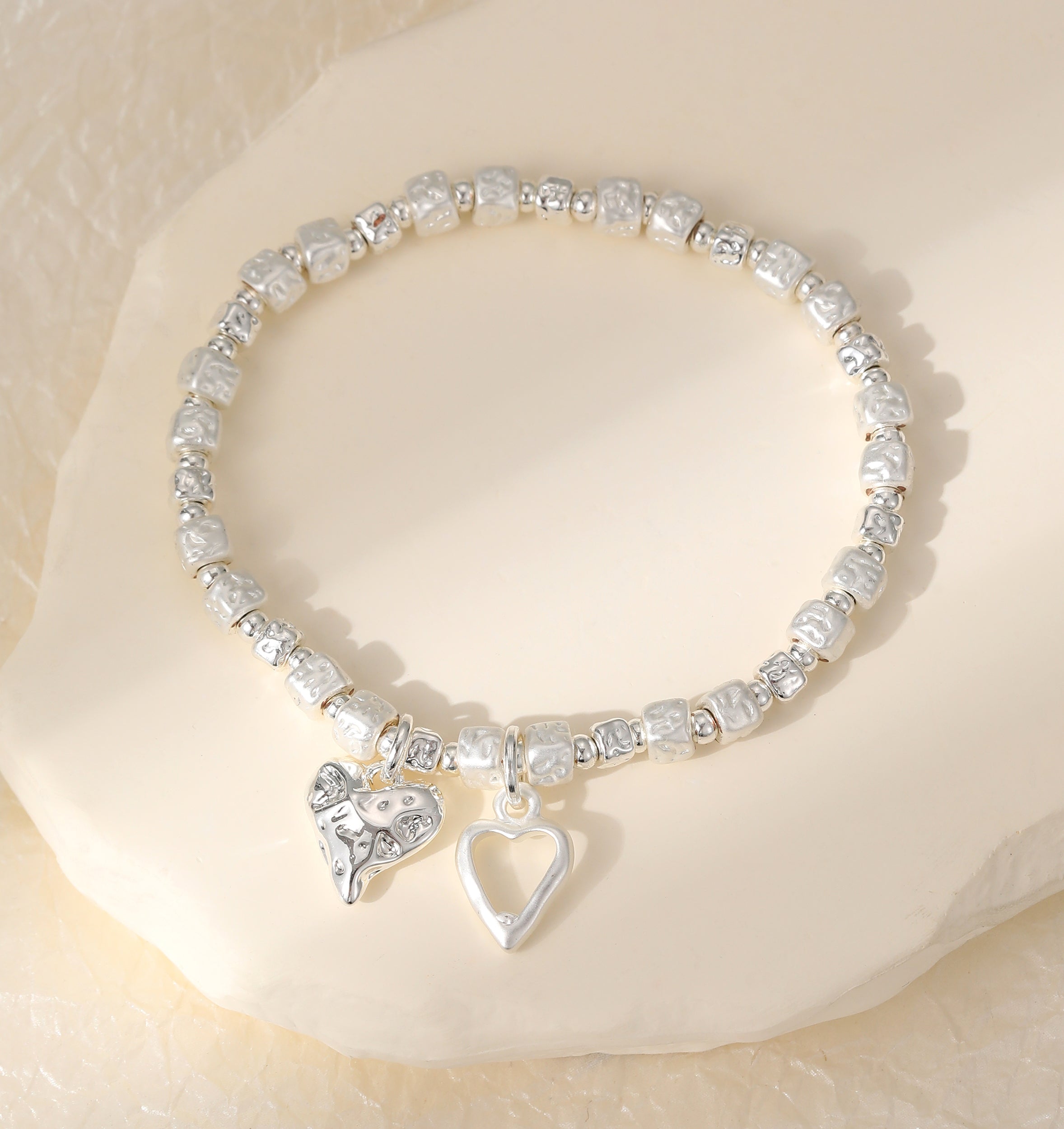 Silver Plated Sculpted Cube Bead Charm Bracelet with Dual Hearts