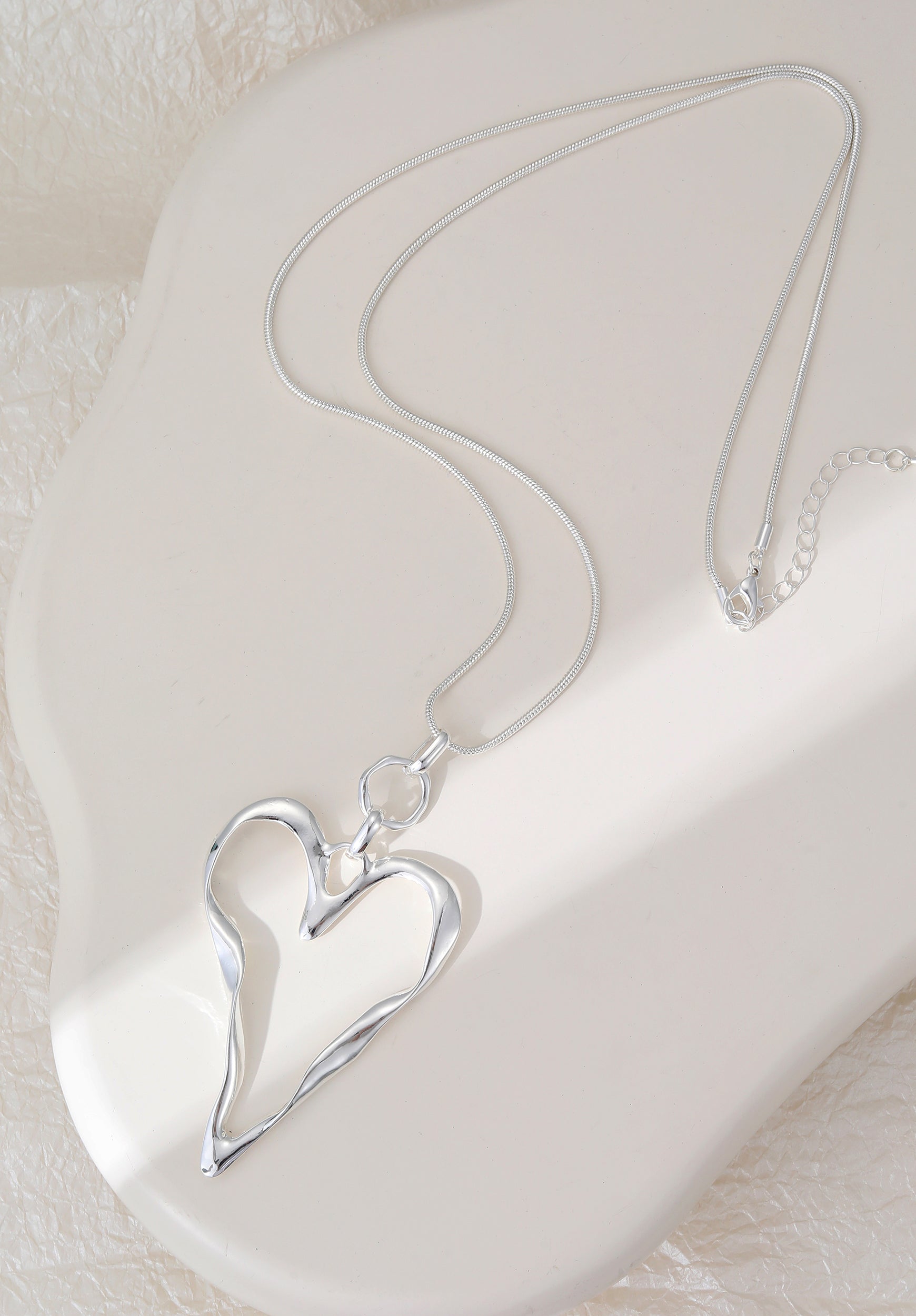 Silver Plated Abstract Heart Pendant Long Chain Necklace