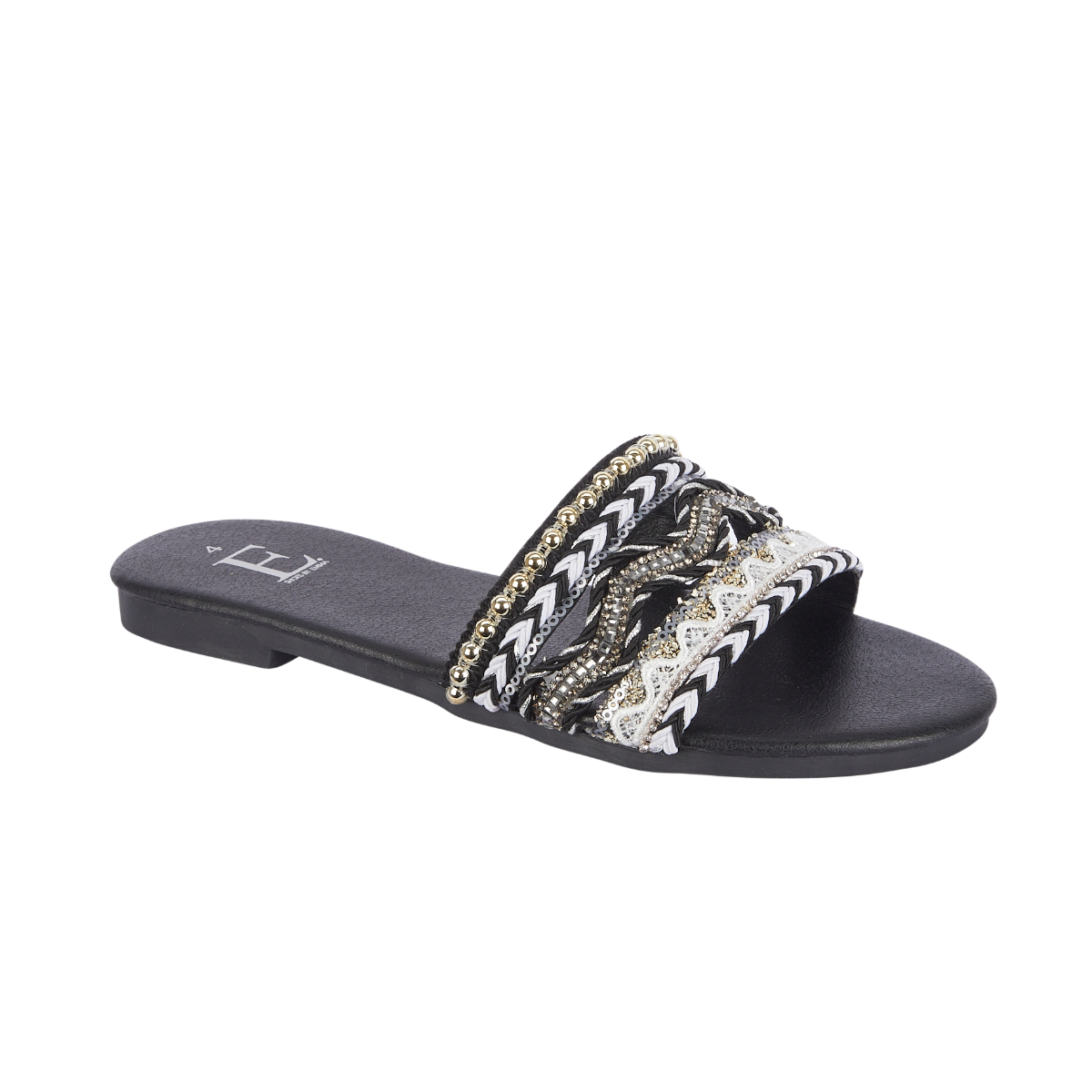 Gypsy Black and White Beaded Boho Slide Sandal