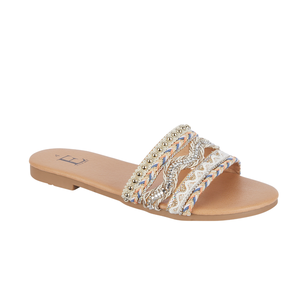 Gypsy Beige Beaded Boho Slide Sandal