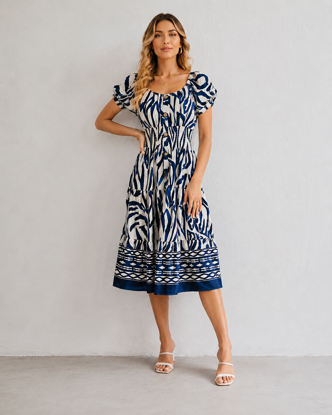 Woman wearing a navy blue and white printed smocked midi dress with puff sleeves and tiered skirt.