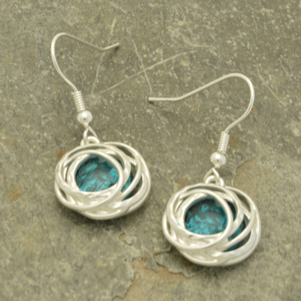 Forest Green Resin Drop Earrings with Silver Hooped Metalwork