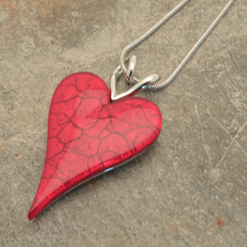 Red Marbled Resin Heart Necklace