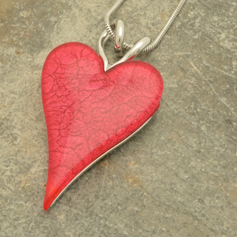 Red Marbled Resin Heart Necklace with Magnetic Clasp