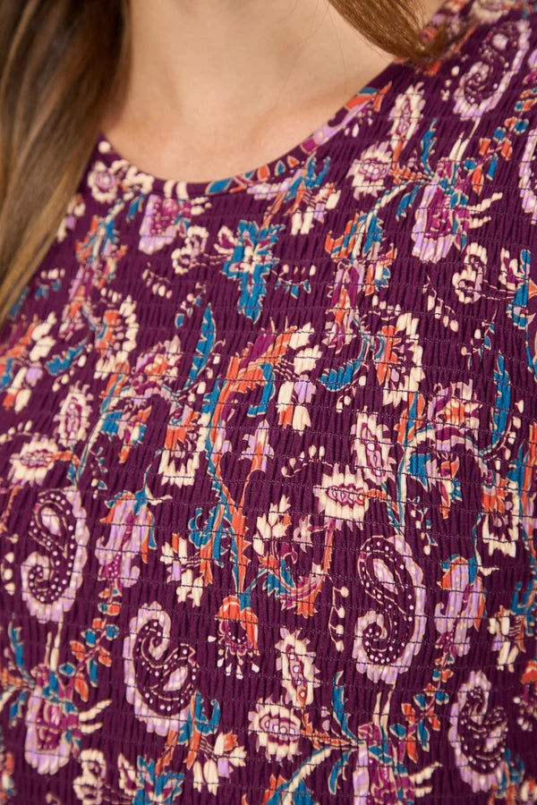 Paisley Print Shirred Bodice Soft Touch Midi Dress - Purple
