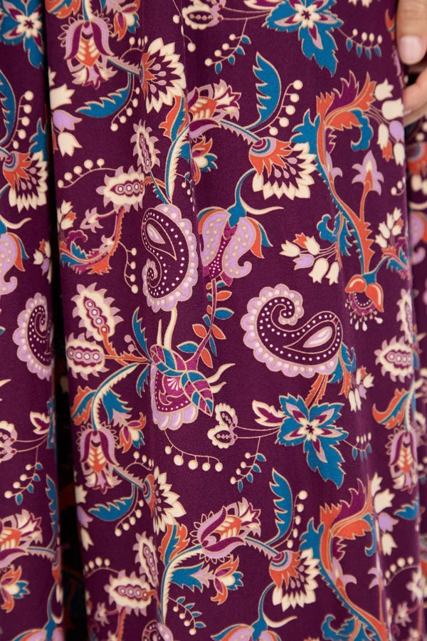 Paisley Print Shirred Bodice Soft Touch Midi Dress - Purple
