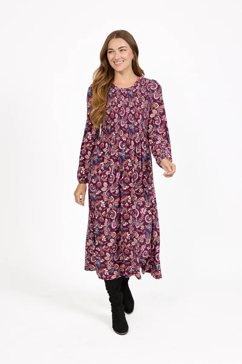 Paisley Print Shirred Bodice Soft Touch Midi Dress - Purple