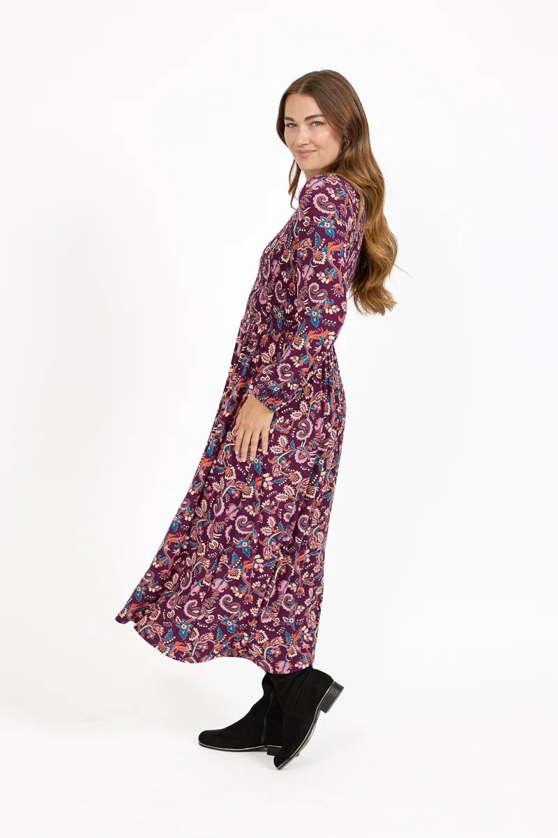 Paisley Print Shirred Bodice Soft Touch Midi Dress - Purple