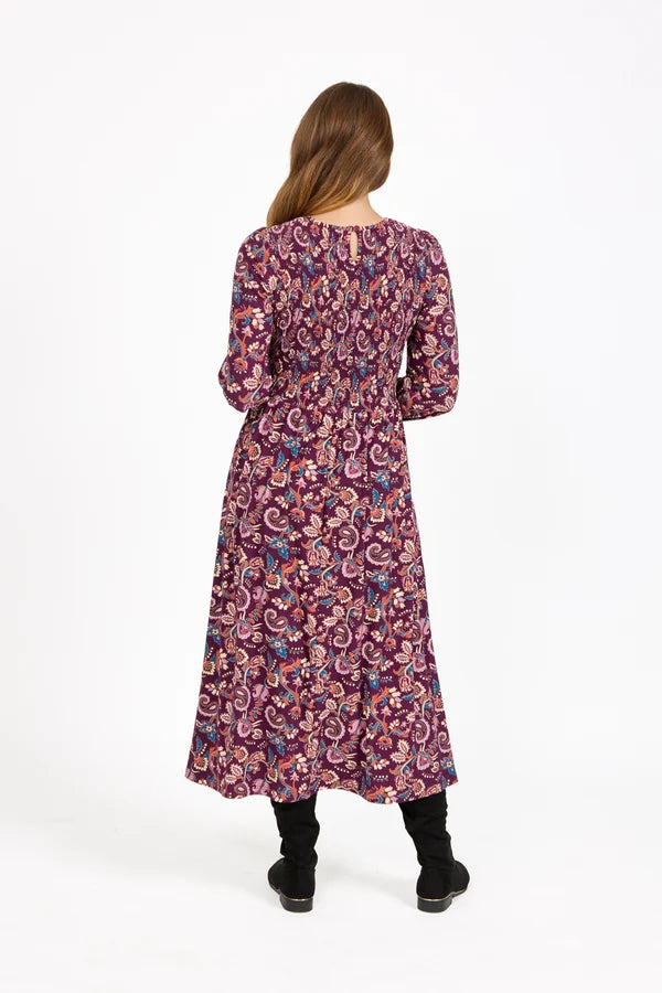 Paisley Print Shirred Bodice Soft Touch Midi Dress - Purple