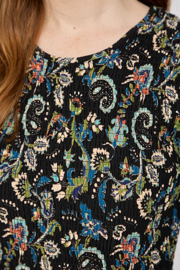 Paisley Print Shirred Bodice Soft Touch Midi Dress - Black