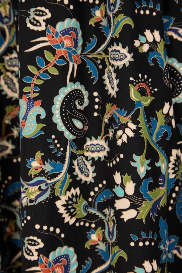 Paisley Print Shirred Bodice Soft Touch Midi Dress - Black