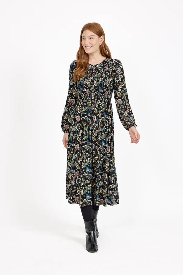 Paisley Print Shirred Bodice Soft Touch Midi Dress - Black