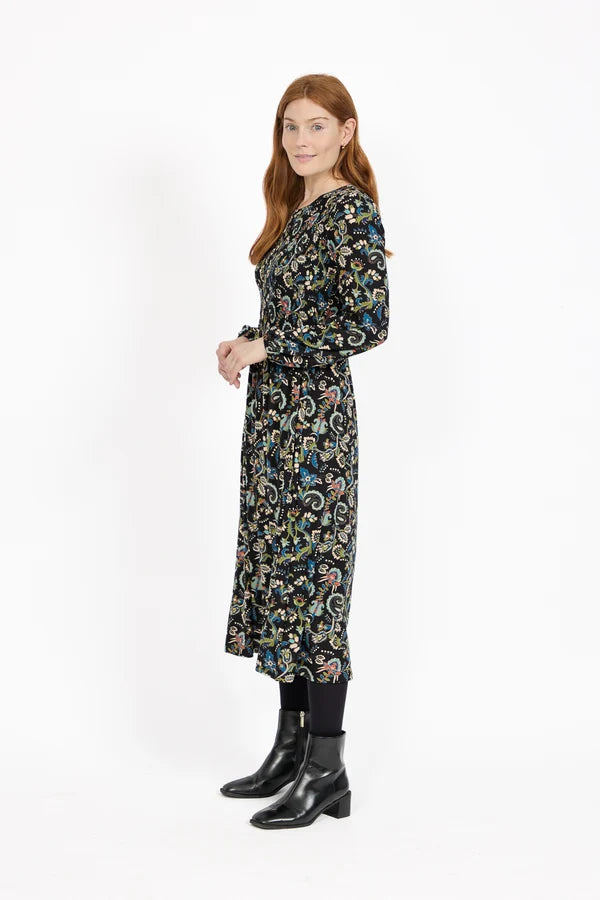Paisley Print Shirred Bodice Soft Touch Midi Dress - Black