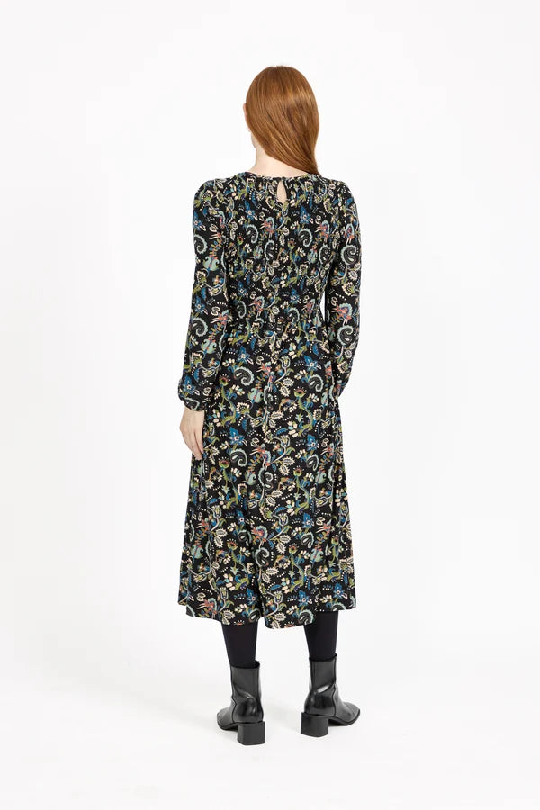 Paisley Print Shirred Bodice Soft Touch Midi Dress - Black
