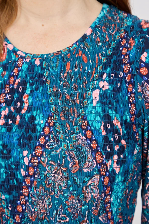 Floral Print Shirred Bodice Soft Touch Midi Dress - Teal