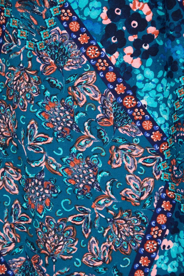 Floral Print Shirred Bodice Soft Touch Midi Dress - Teal