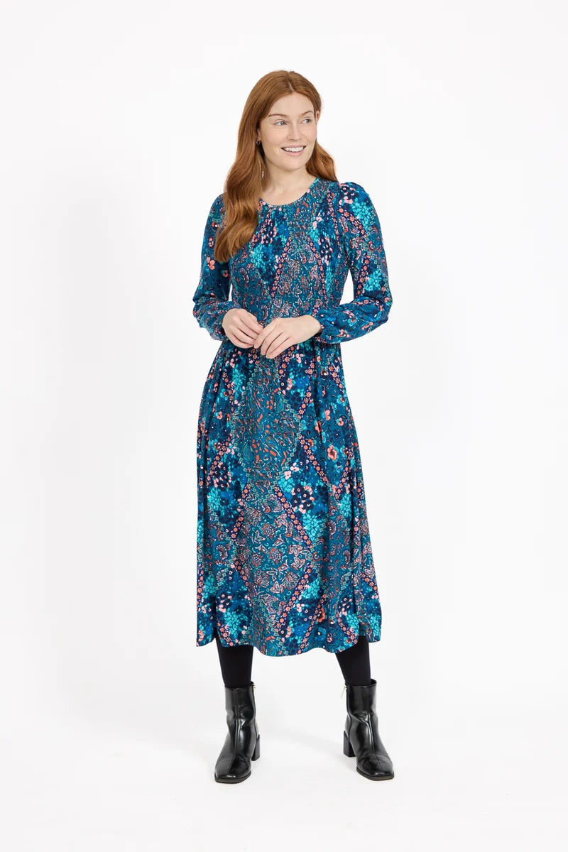 Floral Print Shirred Bodice Soft Touch Midi Dress - Teal