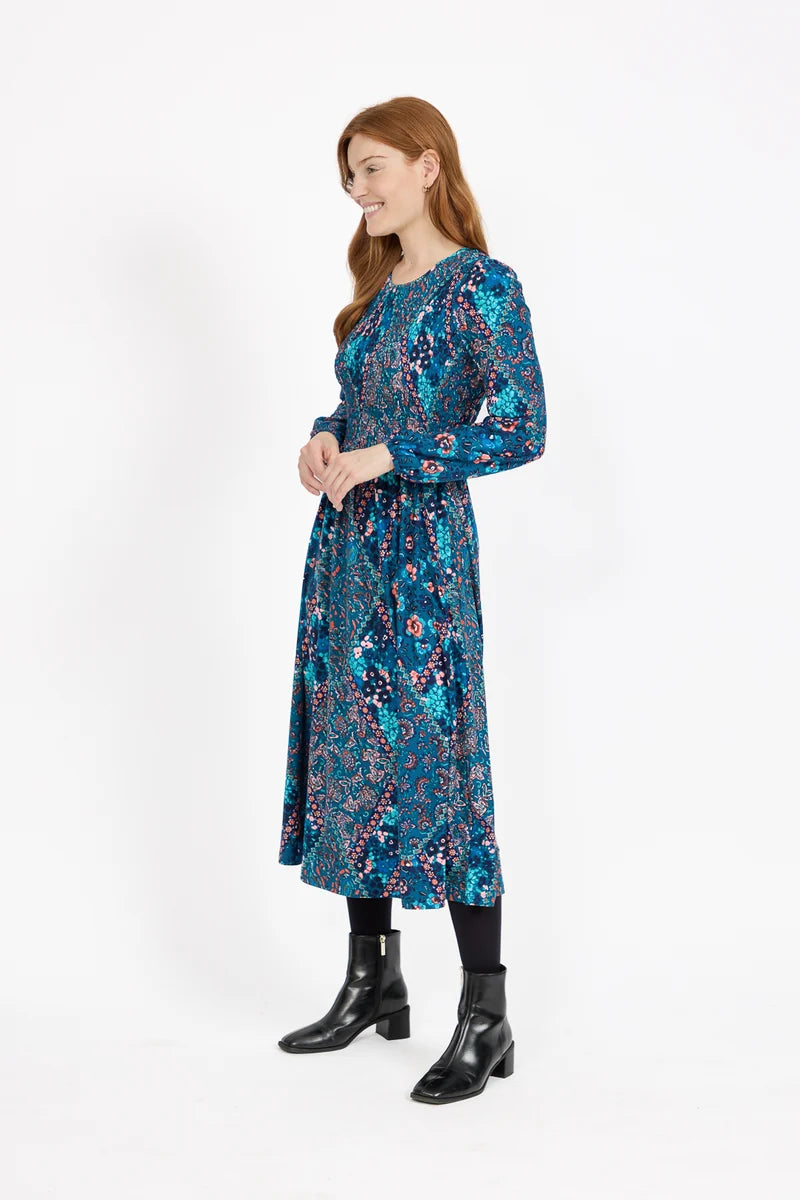Floral Print Shirred Bodice Soft Touch Midi Dress - Teal