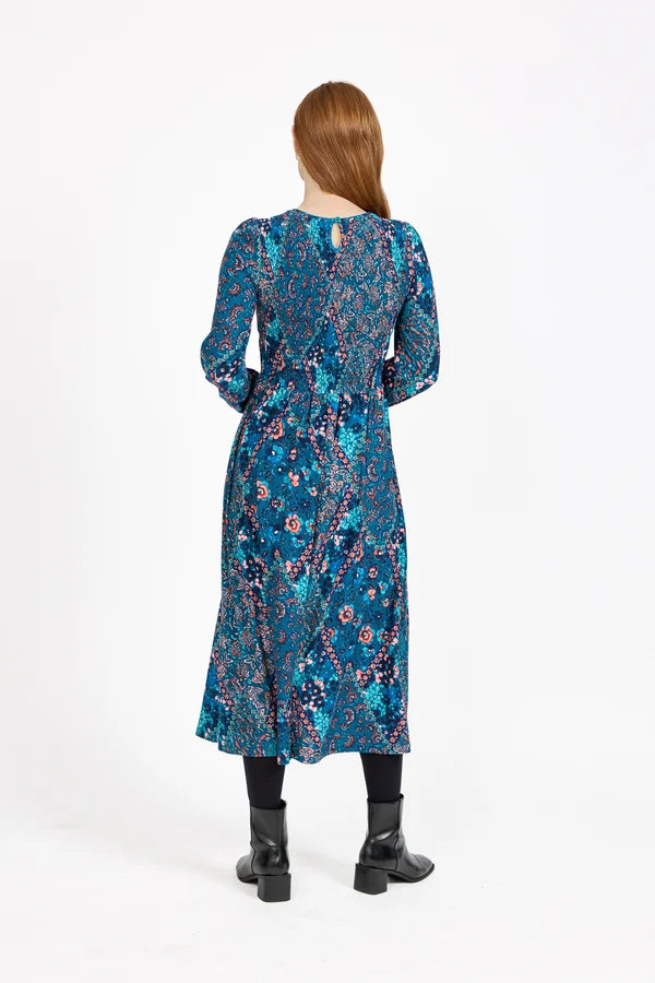 Floral Print Shirred Bodice Soft Touch Midi Dress - Teal