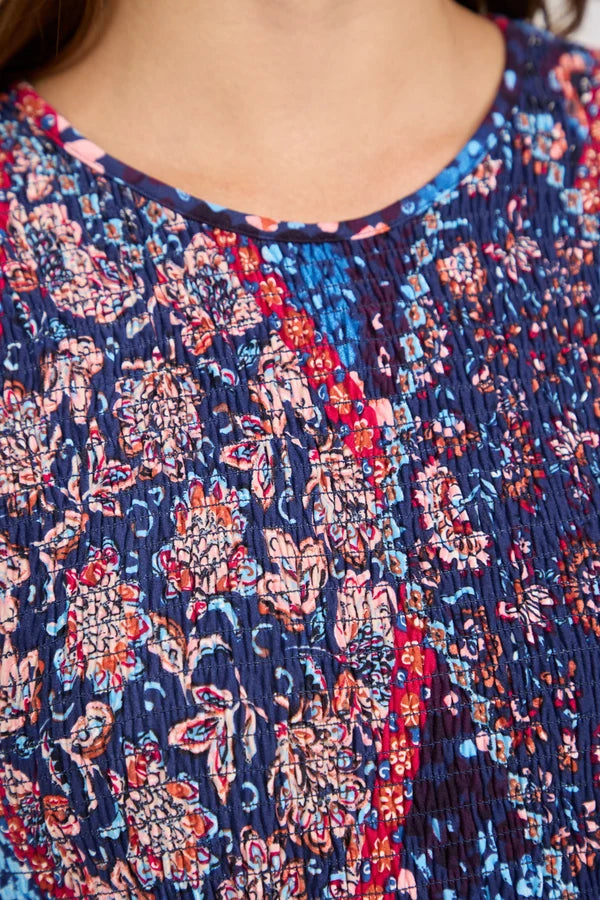 Floral Print Shirred Bodice Soft Touch Midi Dress - Navy Blue