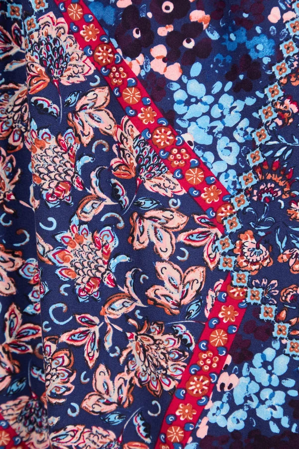 Floral Print Shirred Bodice Soft Touch Midi Dress - Navy Blue