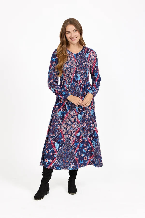 Floral Print Shirred Bodice Soft Touch Midi Dress - Navy Blue