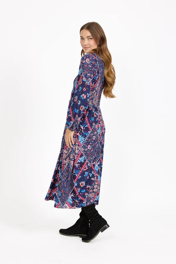 Floral Print Shirred Bodice Soft Touch Midi Dress - Navy Blue