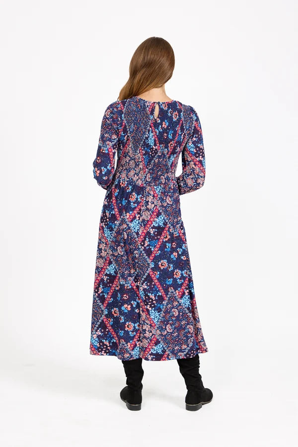 Floral Print Shirred Bodice Soft Touch Midi Dress - Navy Blue