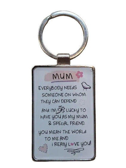 Keyring with a message for Mum on a white background