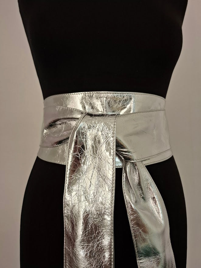 Metallic Silver Leather Obi Belt – Handmade Wrap Belt