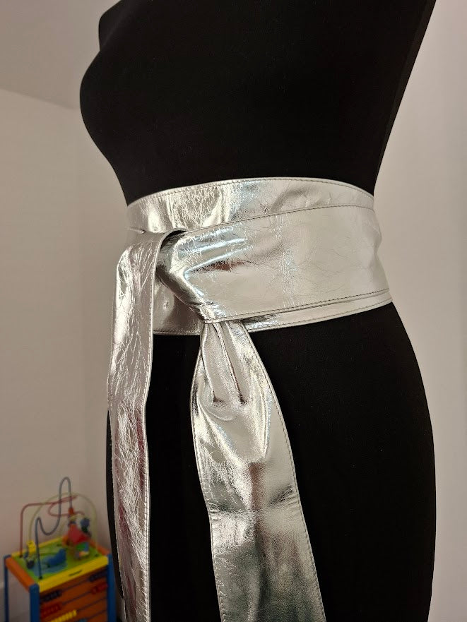 Metallic Silver Leather Obi Belt – Handmade Wrap Belt