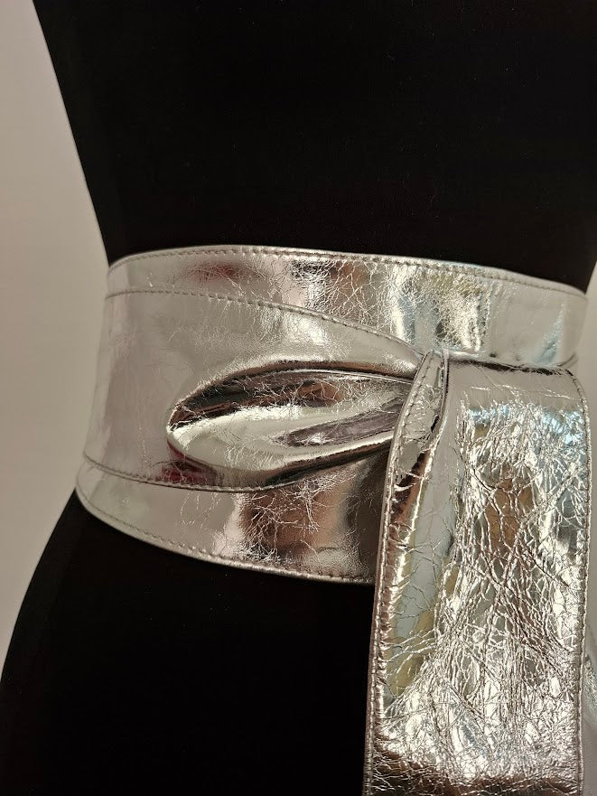 Metallic Silver Leather Obi Belt – Handmade Wrap Belt