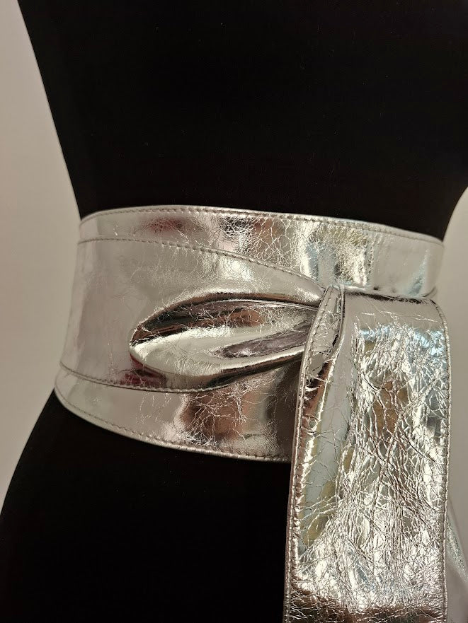 Metallic Silver Leather Obi Belt – Handmade Wrap Belt