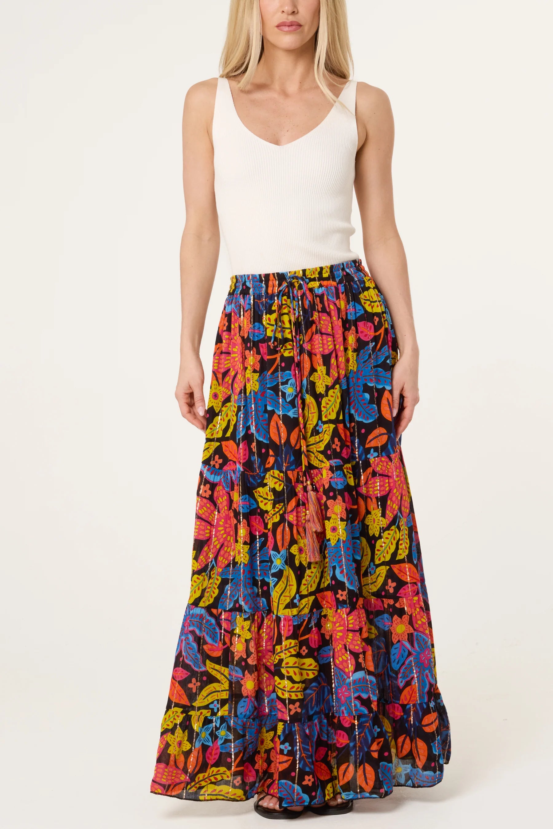 Black Multicolour Floral Print Tiered Maxi Skirt