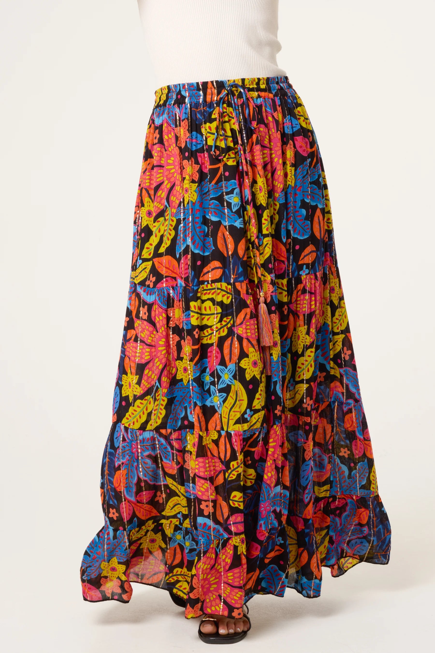 Black Multicolour Floral Print Tiered Maxi Skirt