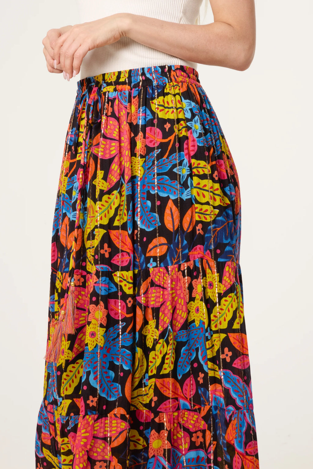 Black Multicolour Floral Print Tiered Maxi Skirt