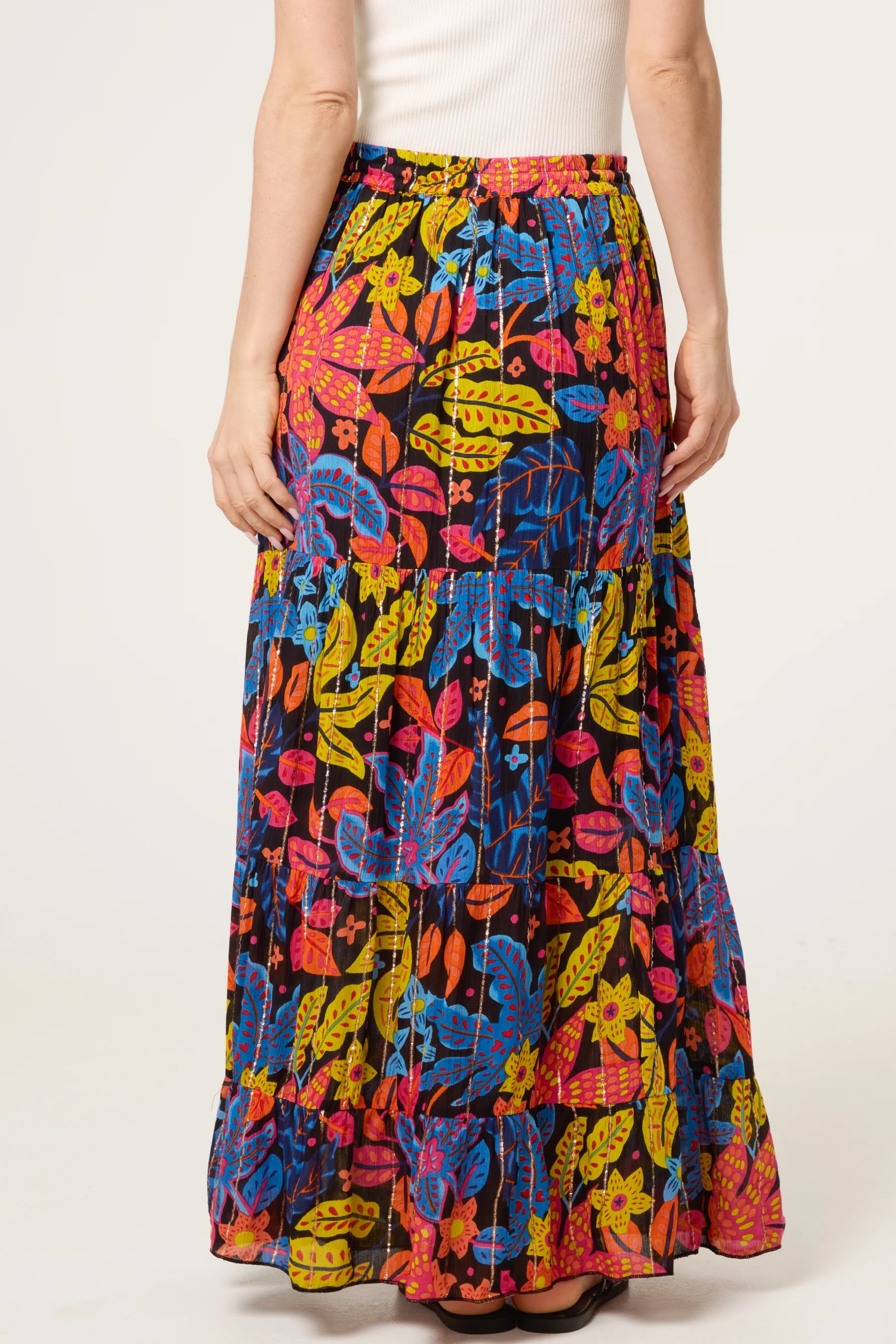 Black Multicolour Floral Print Tiered Maxi Skirt