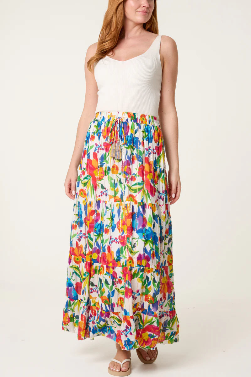 Floral Metallic Stripe Tiered Maxi Skirt